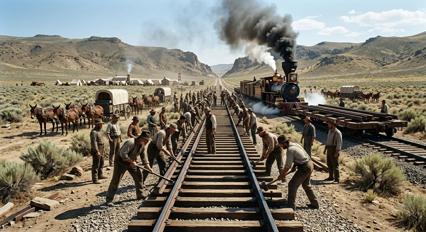 A train and track crews on the Transcontinental Railroad at sunrise